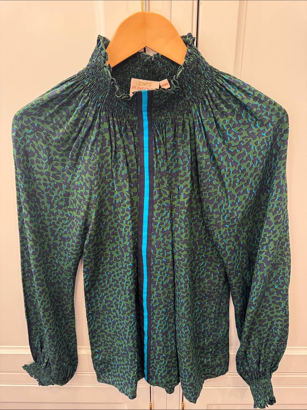 Rungolf Green & Blue Printed Smocked-Neck Long Sleeve Blouse